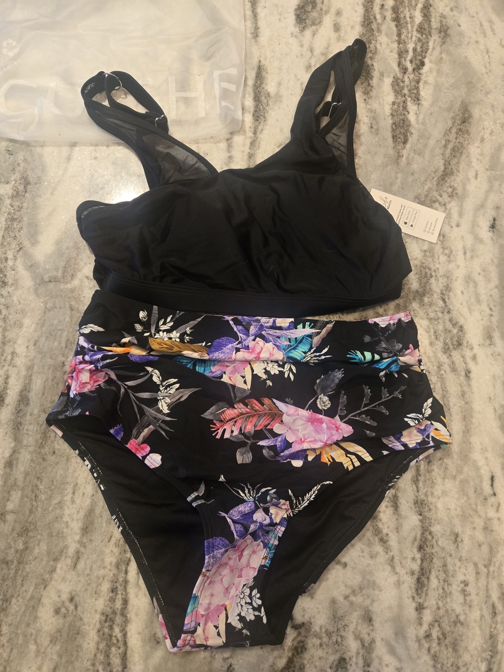 Cupshe Black Bikini with Multicolor Floral High-Waist Bottom